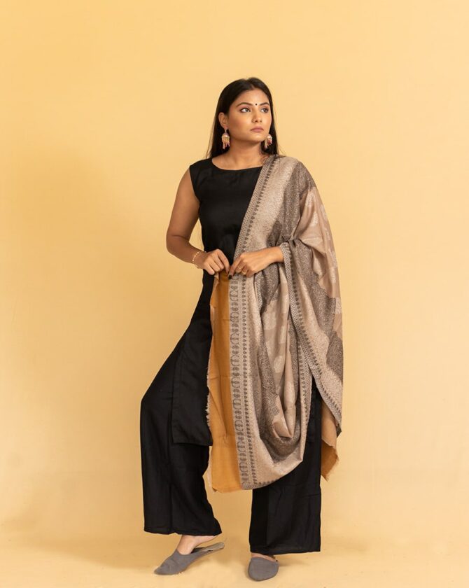 Pure Pashmina Full Kani Stole | Brown Pashmina Stole Online | Kashmiri Woolen Stole-Best-Kashmiri Stole-Luxury Pashmina