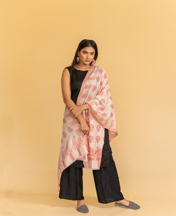 Pure Pashmina Full Kani Stole | Pink Pashmina Stole Online | Kashmiri Woolen Stole - Luxury Pashmina