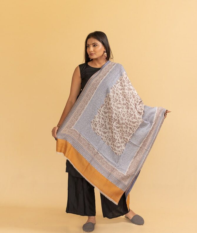 Pure Pashmina Full Kani Stole | White Pashmina Stole Online | Kashmiri Stoles Online - Luxury Pashmina