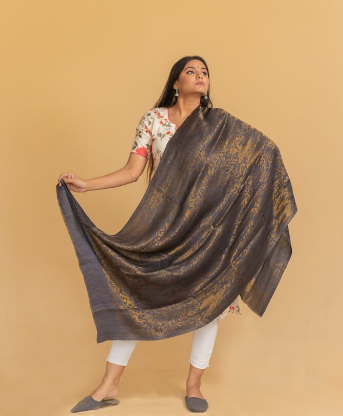 Pure Pashmina Full Zari Work Double Sided Stole | Blue Pashmina Stole Online-Best Cashmere Stole-Luxury Pashmina