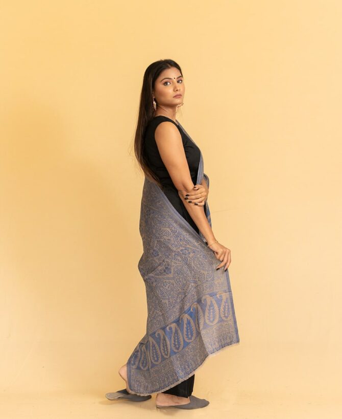 Pure Pashmina Full Zari Work Double Sided Stole | Blue Pattern Pashmina Stole Online - Luxury Pashmina