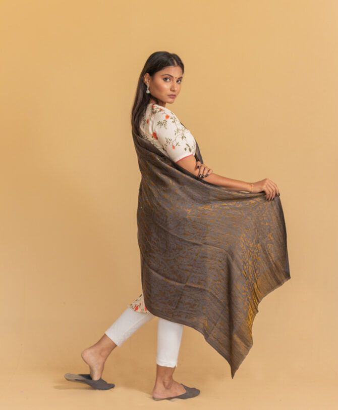 Pure Pashmina Full Zari Work Double Sided Stole | Dark Grey Pashmina Stole Online - Luxury Pashmina