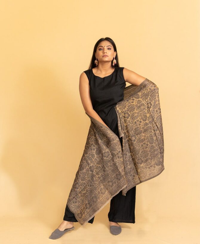 Pure Pashmina Full Zari Work Double Sided Stole | Floral Black Pashmina Stole Online - Luxury Pashmina