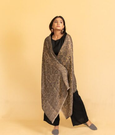 Pure Pashmina Full Zari Work Double Sided Stole | Floral Black Pashmina Stole Online - Luxury Pashmina