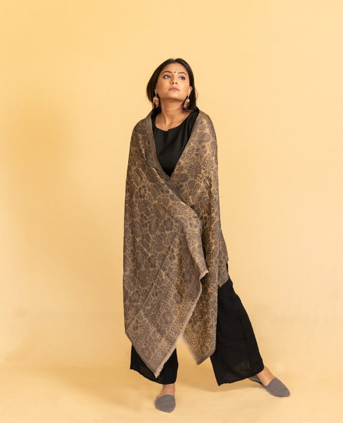 Pure Pashmina Full Zari Work Double Sided Stole | Floral Black Pashmina Stole Online - Luxury Pashmina