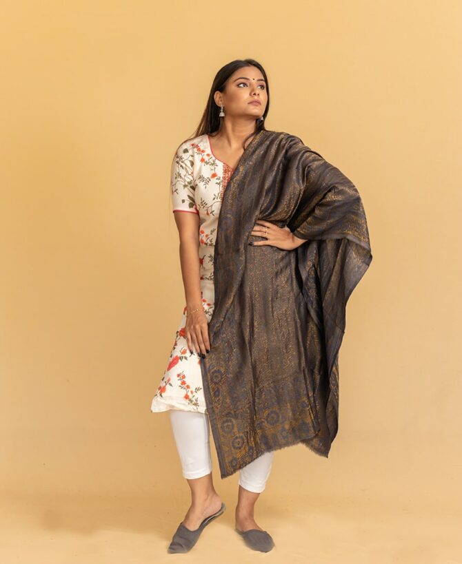 Pure Pashmina Full Zari Work Double Sided Stole | Floral Dark Grey Pashmina Stole Online - Luxury Pashmina