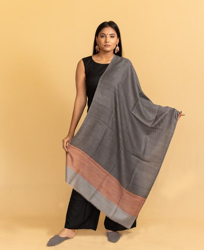 Pure Pashmina Lining Stole Striped Pallu | Authentic Kashmiri Wrap | Original Pashmina Fabric - Luxury Pashmina