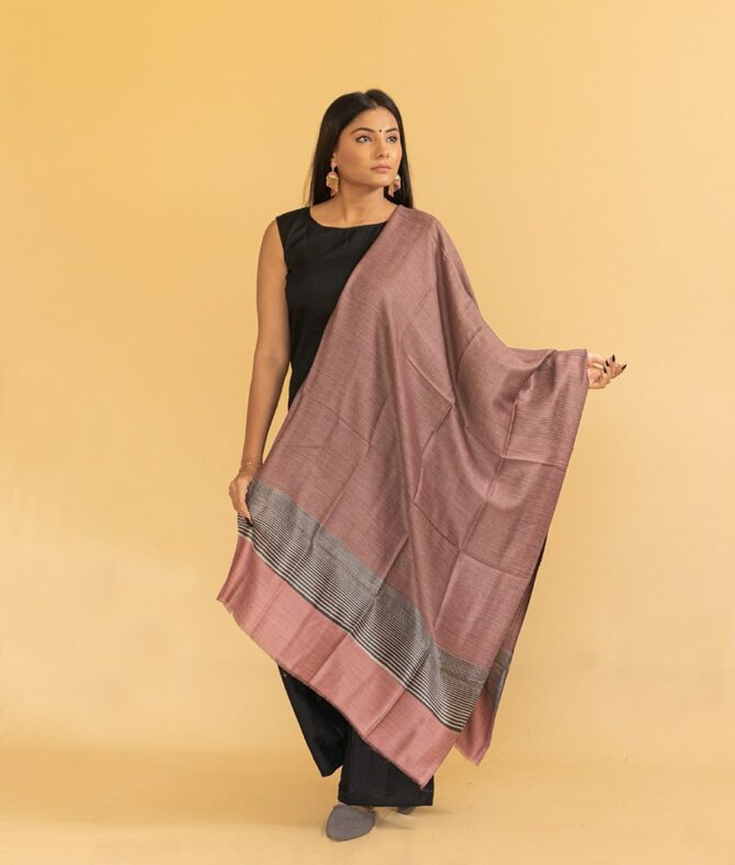 Pure Pashmina Lining Stole Striped Pallu | Rose Gold Kashmiri Wrap | Original Pashmina Fabric - Luxury Pashmina