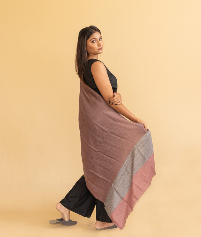 Pure Pashmina Lining Stole Striped Pallu | Rose Gold Kashmiri Wrap | Original Pashmina Fabric - Luxury Pashmina