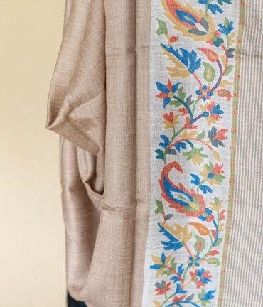 Pure Pashmina Stole with Kani Work Border | Beige Pashmina Stole Online | Kashmiri Stoles Online - Luxury Pashmina