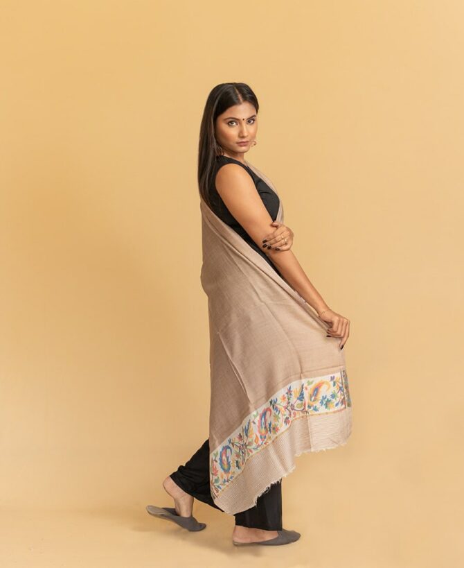 Pure Pashmina Stole with Kani Work Border | Beige Pashmina Stole Online | Kashmiri Stoles Online - Luxury Pashmina