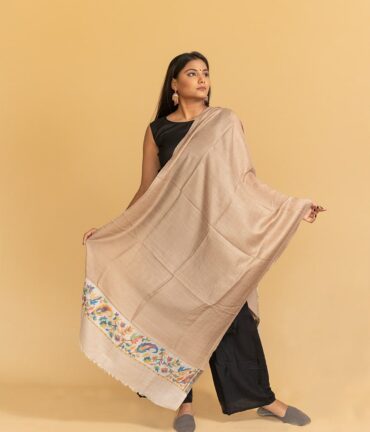 Pure Pashmina Stole with Kani Work Border | Beige Pashmina Stole Online | Kashmiri Stoles Online - Luxury Pashmina