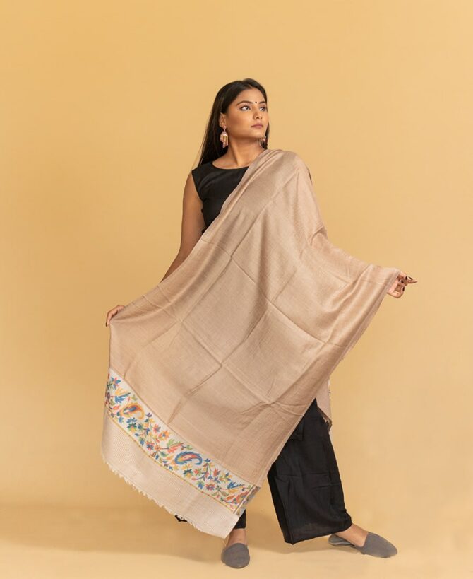 Pure Pashmina Stole with Kani Work Border | Beige Pashmina Stole Online | Kashmiri Stoles Online - Luxury Pashmina