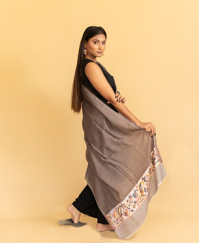 Pure Pashmina Stole with Kani Work Border | Brown Pashmina Stoles Online | Original Pashmina Fabric - Luxury Pashmina