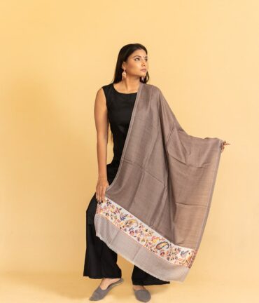 Pure Pashmina Stole with Kani Work Border | Brown Pashmina Stoles Online | Original Pashmina Fabric - Luxury Pashmina