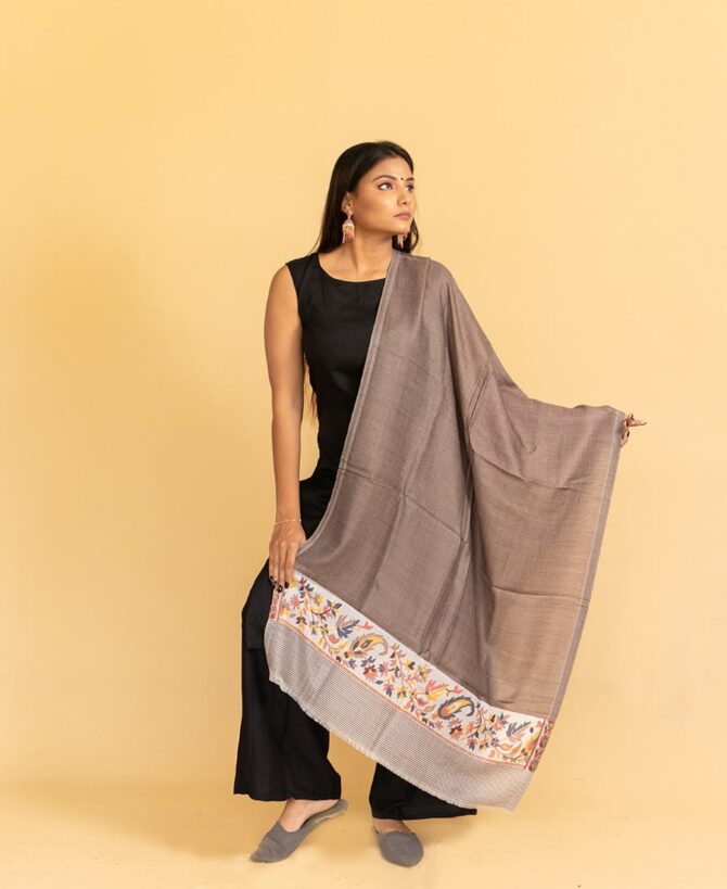 Pure Pashmina Stole with Kani Work Border | Brown Pashmina Stoles Online | Original Pashmina Fabric - Luxury Pashmina