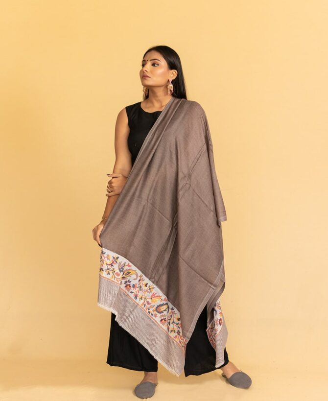 Pure Pashmina Stole with Kani Work Border | Brown Pashmina Stoles Online | Original Pashmina Fabric - Luxury Pashmina