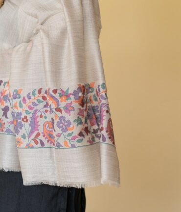 Pure Pashmina Stole with Kani Work Border | Light Grey Pashmina Stole Online | Kashmiri Stoles Online - Luxury Pashmina
