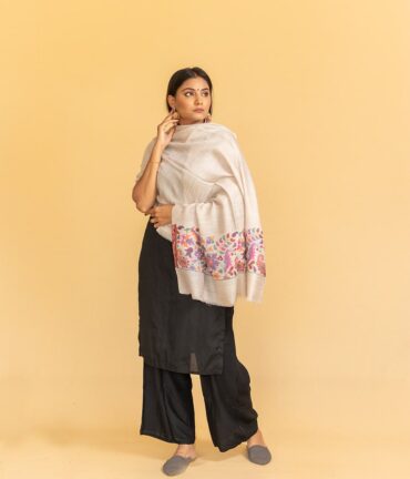 Pure Pashmina Stole with Kani Work Border | Light Grey Pashmina Stole Online | Kashmiri Stoles Online - Luxury Pashmina