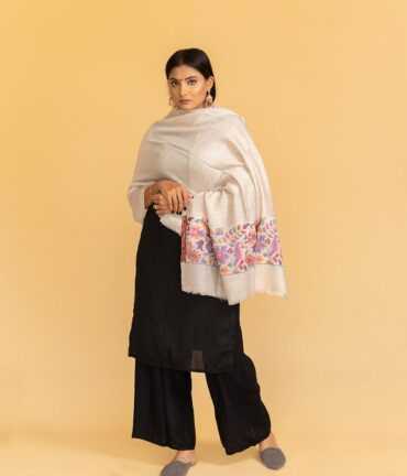 Pure Pashmina Stole with Kani Work Border | Light Grey Pashmina Stole Online | Kashmiri Stoles Online - Luxury Pashmina