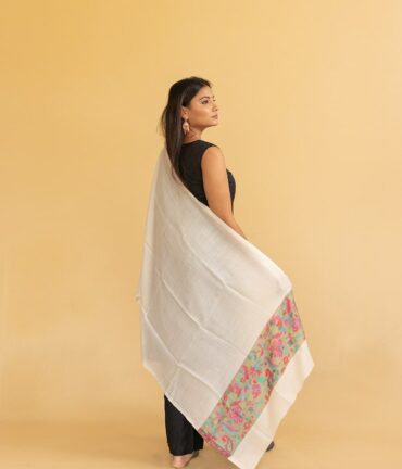 Pure Pashmina Stole with Kani Work Border | White Pashmina Stoles Online | Original Pashmina Fabric - Luxury Pashmina