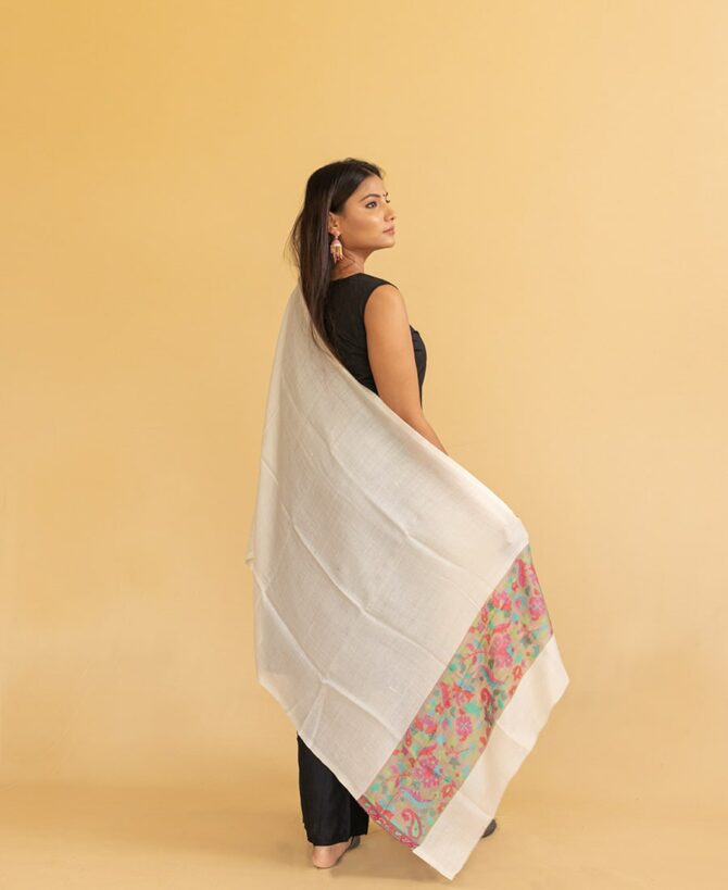 Pure Pashmina Stole with Kani Work Border | White Pashmina Stoles Online | Original Pashmina Fabric - Luxury Pashmina