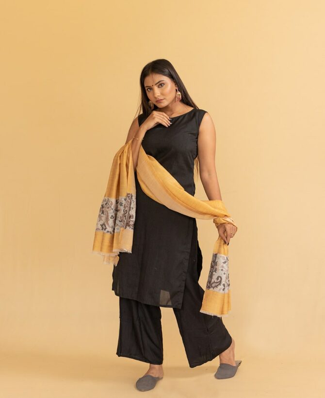 Pure Pashmina Stole with Kani Work Border | Yellow Pashmina Stoles Online | Original Pashmina Fabric - Luxury Pashmina