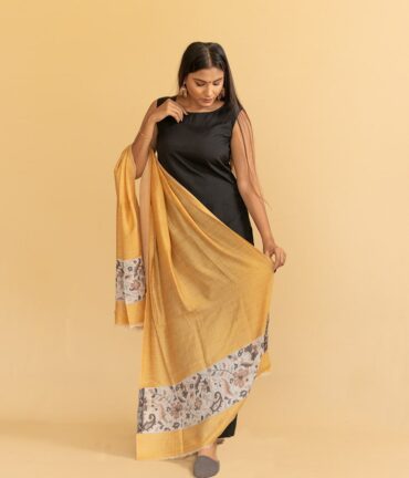 Pure Pashmina Stole with Kani Work Border | Yellow Pashmina Stoles Online | Original Pashmina Fabric - Luxury Pashmina