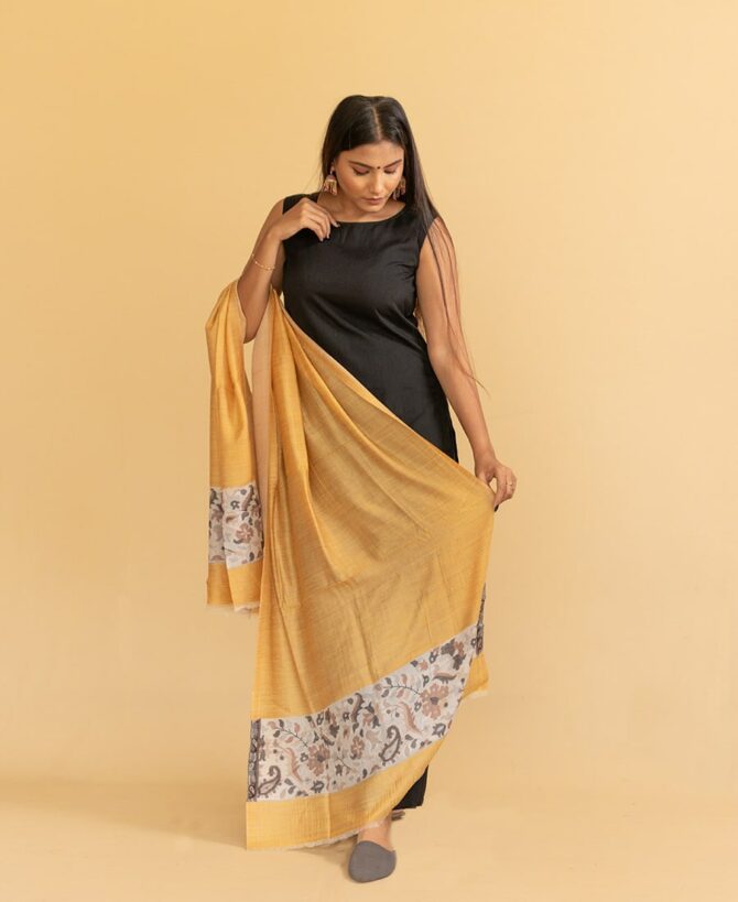 Pure Pashmina Stole with Kani Work Border | Yellow Pashmina Stoles Online | Original Pashmina Fabric - Luxury Pashmina