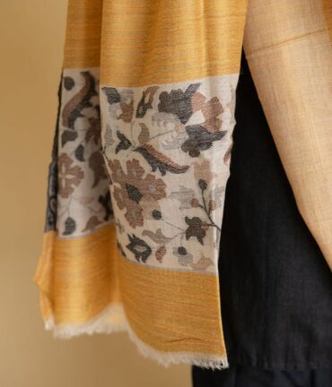 Pure Pashmina Stole with Kani Work Border | Yellow Pashmina Stoles Online | Original Pashmina Fabric - Luxury Pashmina