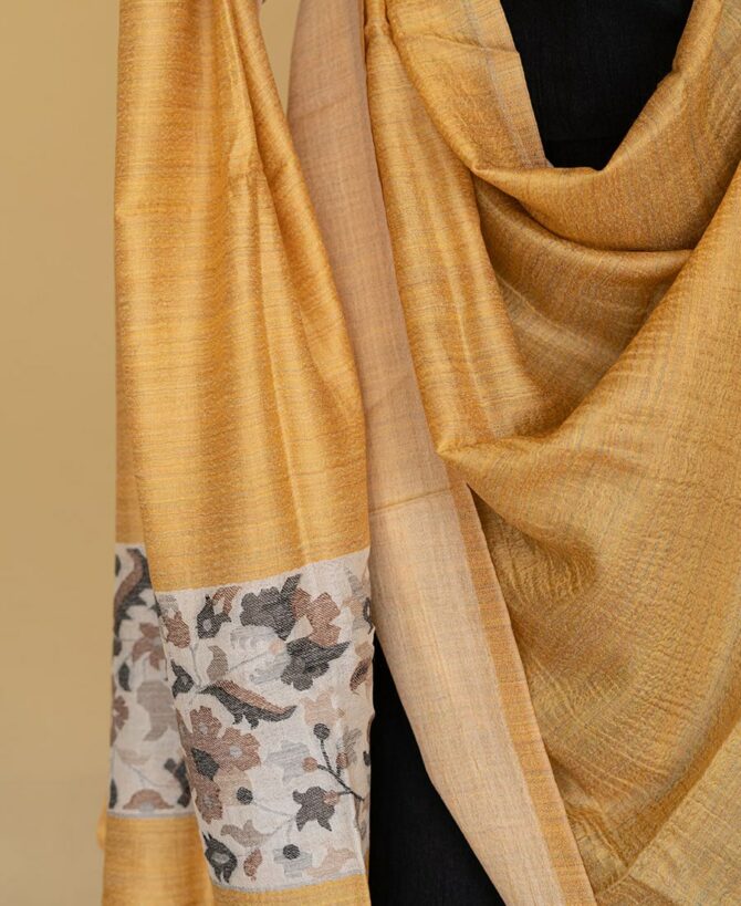 Pure Pashmina Stole with Kani Work Border | Yellow Pashmina Stoles Online | Original Pashmina Fabric - Luxury Pashmina