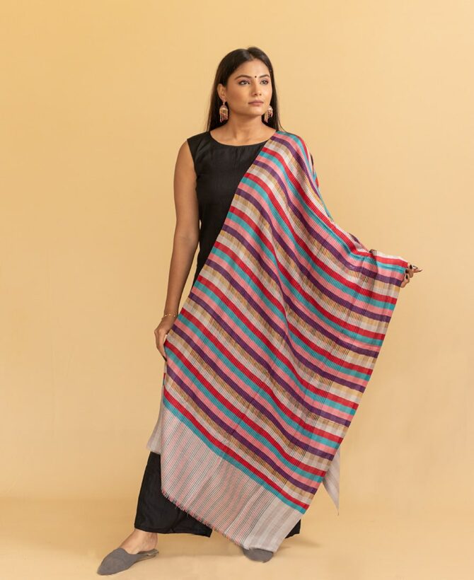 Pure Pashmina Striped Stole | Multicolor Pashmina Stole Online | Kashmiri Stoles Online - Luxury Pashmina