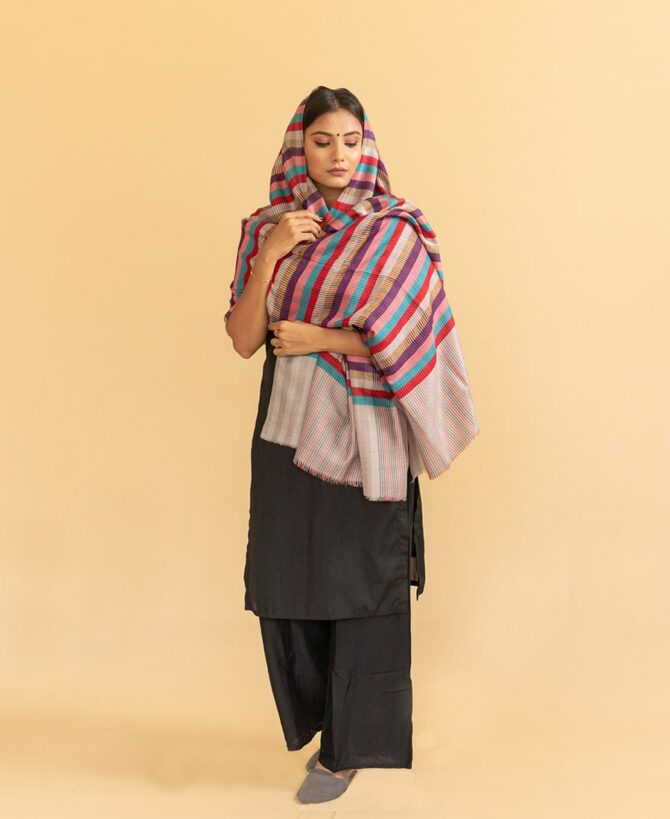 Pure Pashmina Striped Stole | Multicolor Pashmina Stole Online | Kashmiri Stoles Online - Luxury Pashmina