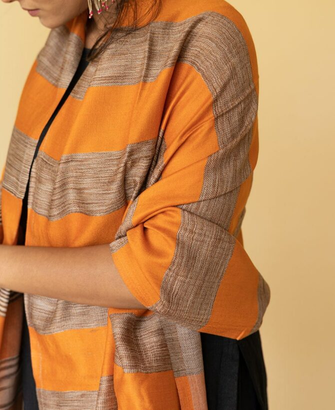 Pure Pashmina Striped Stole | Orange Pashmina Stole Online | Kashmiri Stoles Online - Luxury Pashmina