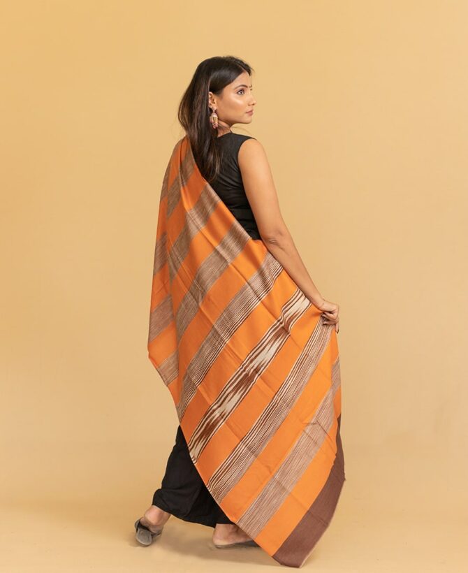 Pure Pashmina Striped Stole | Orange Pashmina Stole Online | Kashmiri Stoles Online - Luxury Pashmina