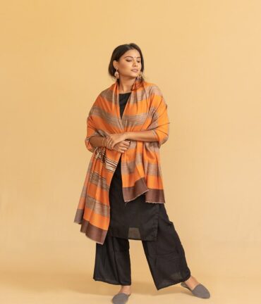 Pure Pashmina Striped Stole | Orange Pashmina Stole Online | Kashmiri Stoles Online - Luxury Pashmina