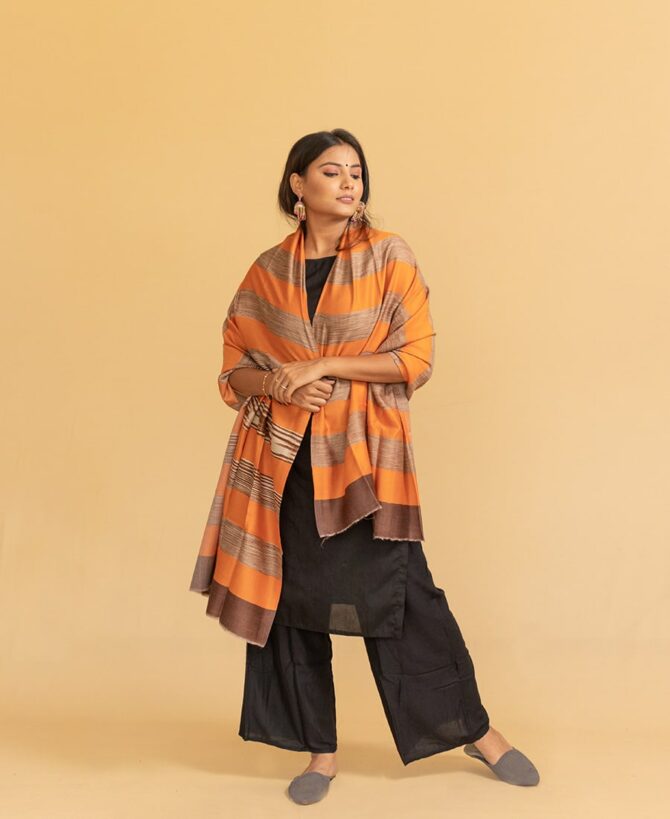 Pure Pashmina Striped Stole | Orange Pashmina Stole Online | Kashmiri Stoles Online - Luxury Pashmina