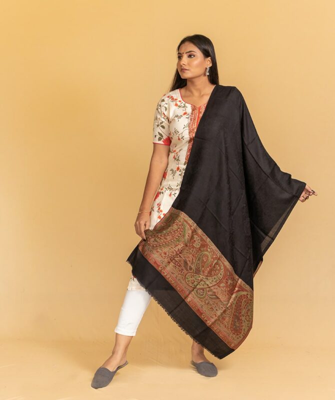 Semi Pashmina Stole with Ethnic Printed Pallu | Original Cashmere Wrap Online - Luxury Pashmina