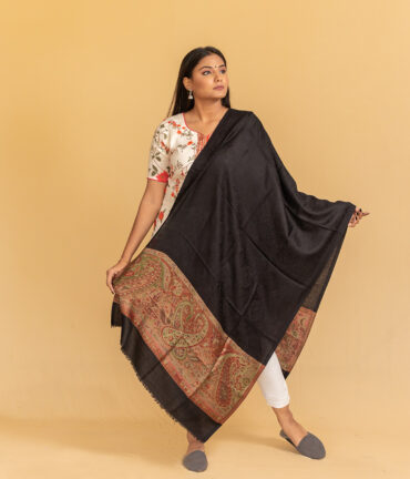 Semi Pashmina Stole with Ethnic Printed Pallu | Original Cashmere Wrap Online - Luxury Pashmina