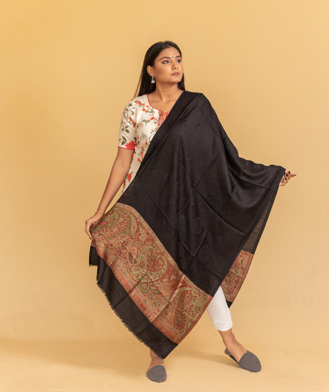 Semi Pashmina Stole with Ethnic Printed Pallu | Original Cashmere Wrap Online - Luxury Pashmina