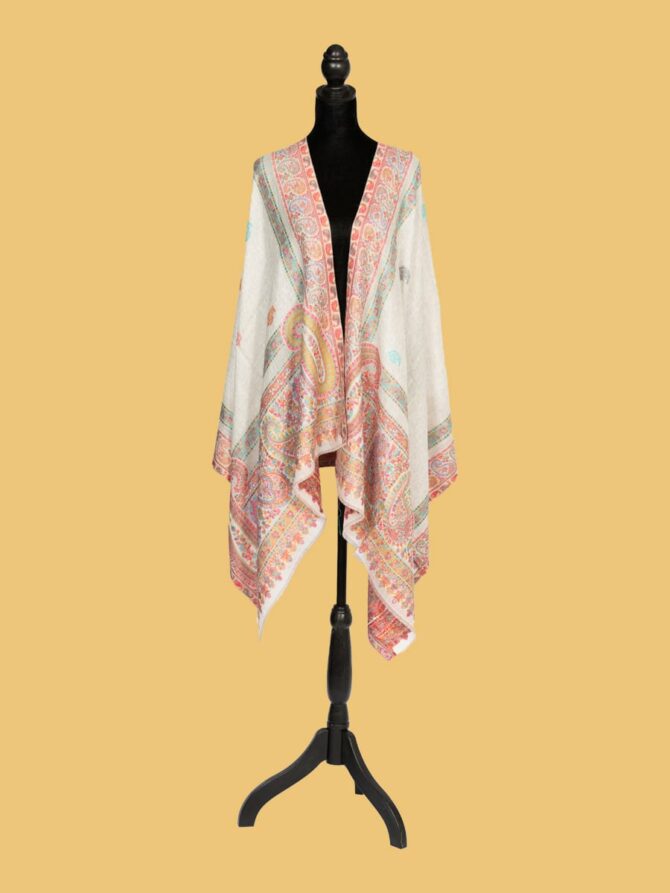 Pure Pashmina Kani Stole Cream Base with Multicolor | Buy Original Pashmina Stole | Authentic Cashmere Stole | Pashmina Wrap - Luxury Pashmina