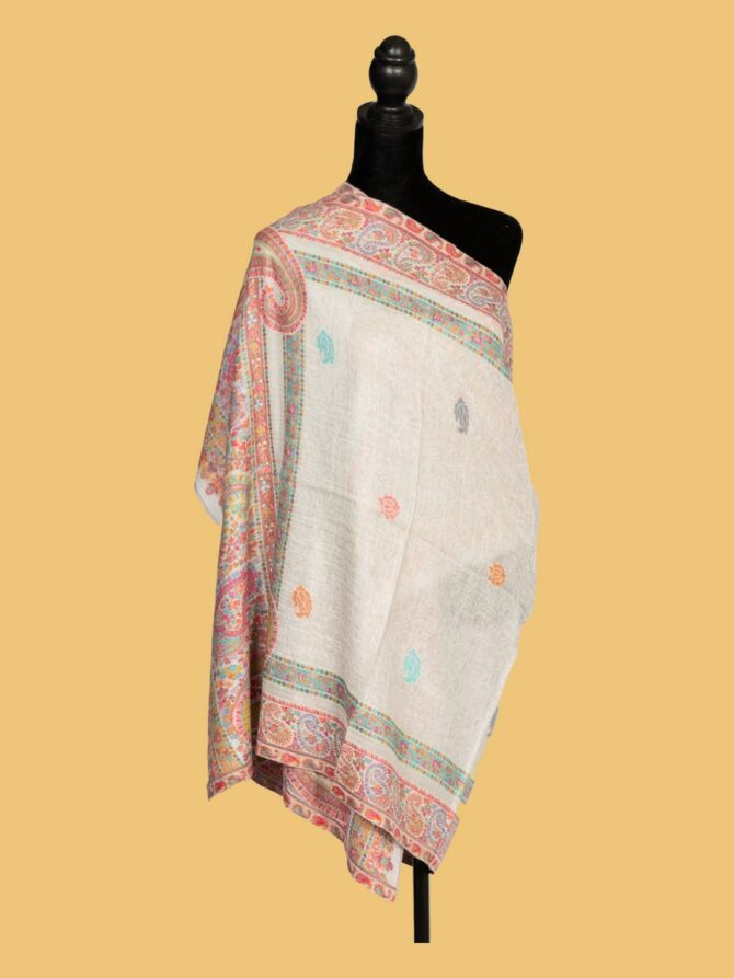 Pure Pashmina Kani Stole Cream Base with Multicolor | Buy Original Pashmina Stole | Authentic Cashmere Stole | Pashmina Wrap - Luxury Pashmina