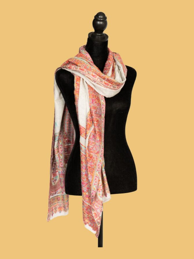 Pure Pashmina Kani Stole Cream Base with Multicolor | Buy Original Pashmina Stole | Authentic Cashmere Stole | Pashmina Wrap - Luxury Pashmina