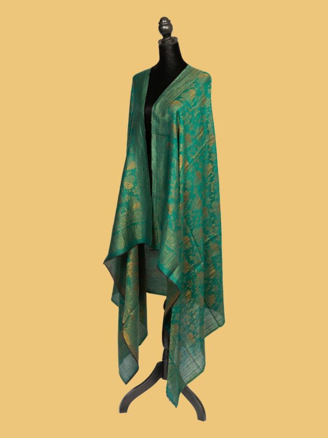 Pure Pashmina Leaf Pattern Zari Double Sided - Dark Green | Buy Original Pashmina Shawl | Authentic Cashmere Shawl | Pashmina Shawl - Luxury Pashmina