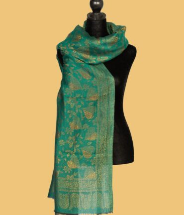 Pure Pashmina Leaf Pattern Zari Double Sided - Dark Green | Buy Original Pashmina Shawl | Authentic Cashmere Shawl | Pashmina Shawl - Luxury Pashmina