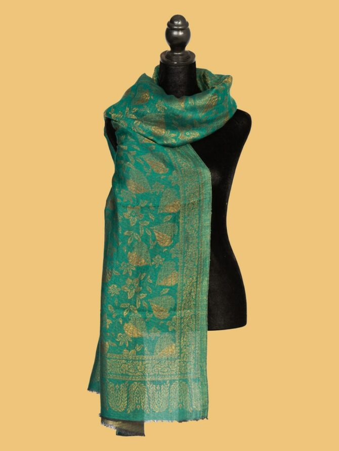 Pure Pashmina Leaf Pattern Zari Double Sided - Dark Green | Buy Original Pashmina Shawl | Authentic Cashmere Shawl | Pashmina Shawl - Luxury Pashmina