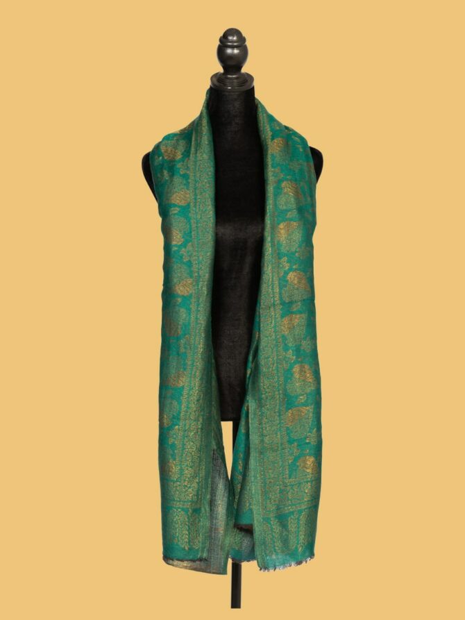 Pure Pashmina Leaf Pattern Zari Double Sided - Dark Green | Buy Original Pashmina Shawl | Authentic Cashmere Shawl | Pashmina Shawl - Luxury Pashmina