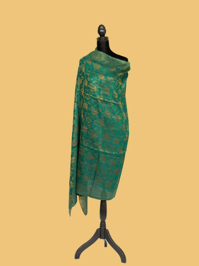 Pure Pashmina Leaf Pattern Zari Double Sided - Dark Green | Buy Original Pashmina Shawl | Authentic Cashmere Shawl | Pashmina Shawl - Luxury Pashmina