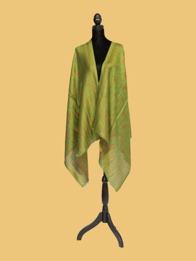 Pure Pashmina Reversible Stole with Full Zari Work, Mehndi Green | Buy Original Pashmina Stole | Authentic Cashmere Stole | Pash Wrap - Luxury Pashmina