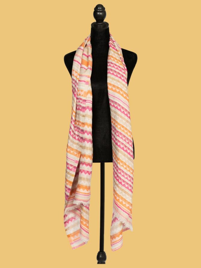 Pure Pashmina Reversible Stole with Zigzag Stripped Zari, Cream | Buy Original Pashmina Stole | Authentic Cashmere Stole | Pash Wrap - Luxury Pashmina